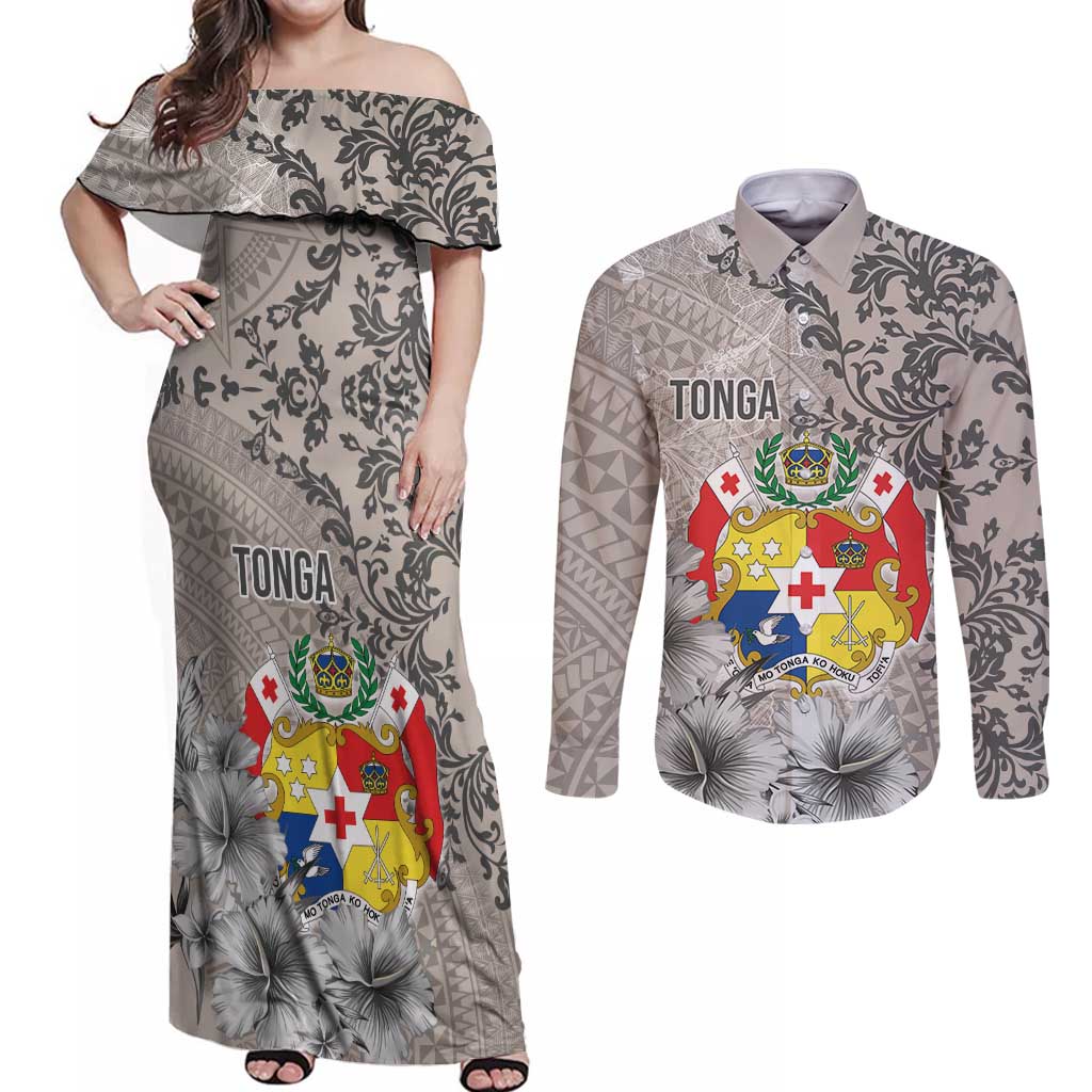 Tonga Culture Couples Matching Off Shoulder Maxi Dress and Long Sleeve Button Shirt Ngatu Pattern and Blooming Hibiscus LT03 Light Gray - Polynesian Pride