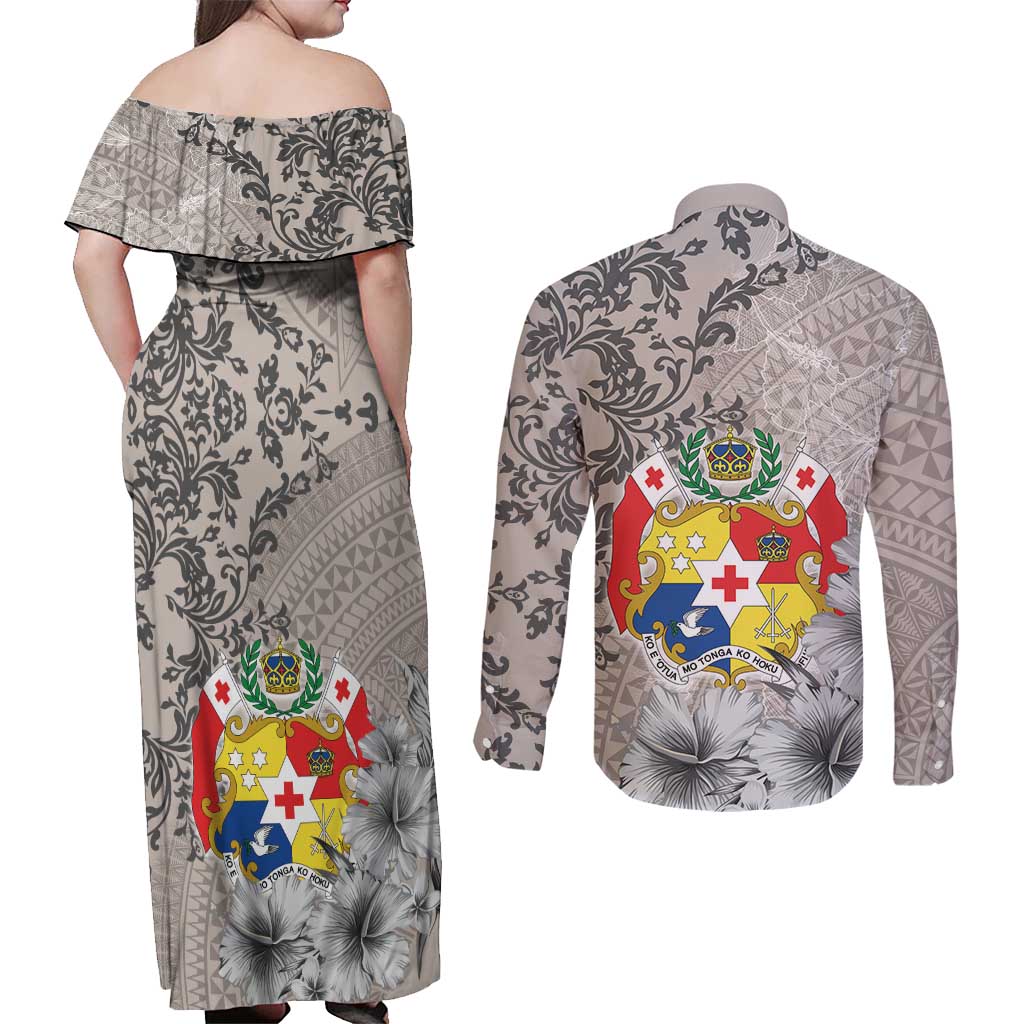 Tonga Culture Couples Matching Off Shoulder Maxi Dress and Long Sleeve Button Shirt Ngatu Pattern and Blooming Hibiscus LT03 - Polynesian Pride