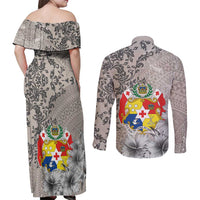 Tonga Culture Couples Matching Off Shoulder Maxi Dress and Long Sleeve Button Shirt Ngatu Pattern and Blooming Hibiscus LT03 - Polynesian Pride