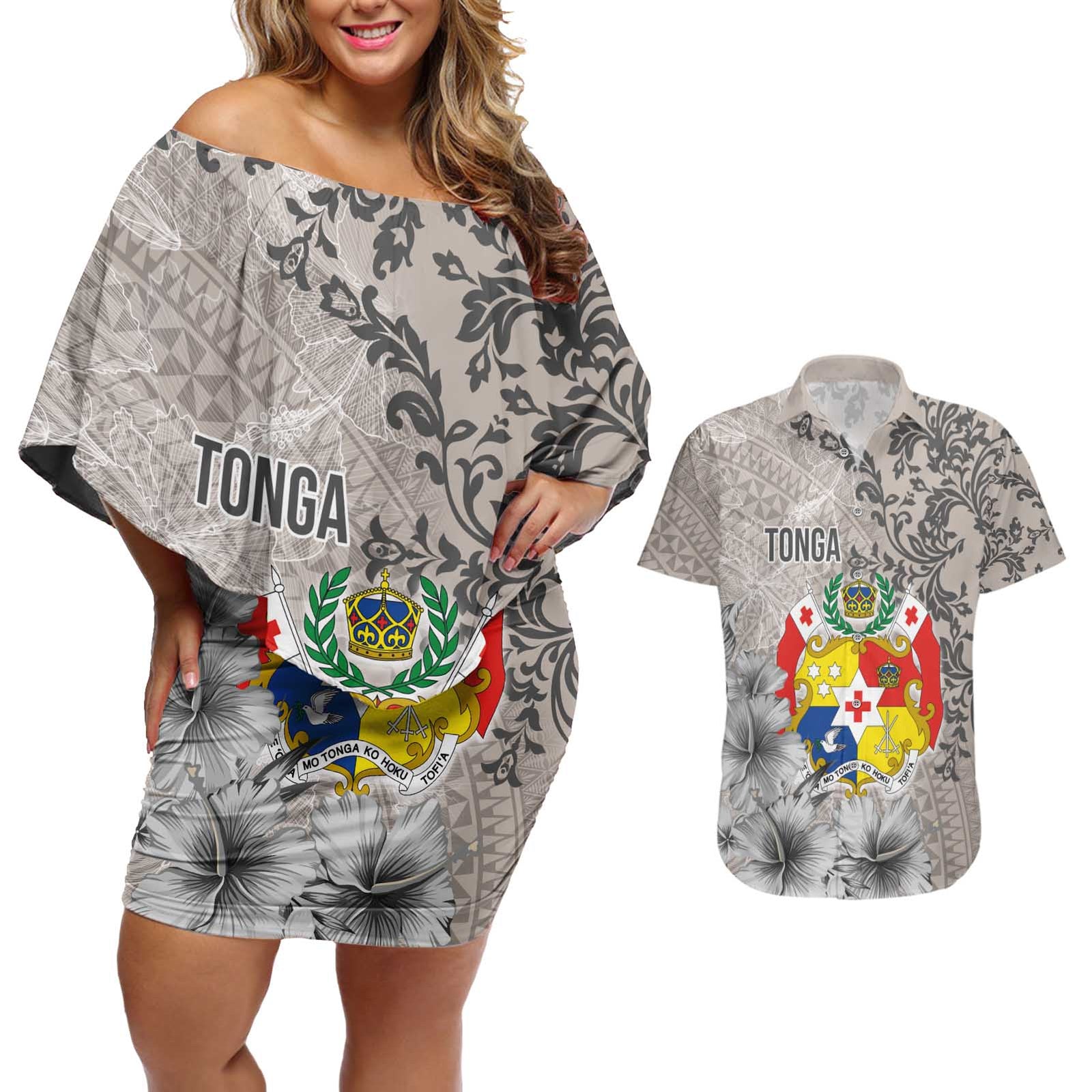 Tonga Culture Couples Matching Off Shoulder Short Dress and Hawaiian Shirt Ngatu Pattern and Blooming Hibiscus LT03 Light Gray - Polynesian Pride
