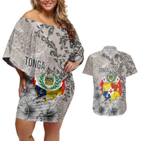 Tonga Culture Couples Matching Off Shoulder Short Dress and Hawaiian Shirt Ngatu Pattern and Blooming Hibiscus LT03 Light Gray - Polynesian Pride