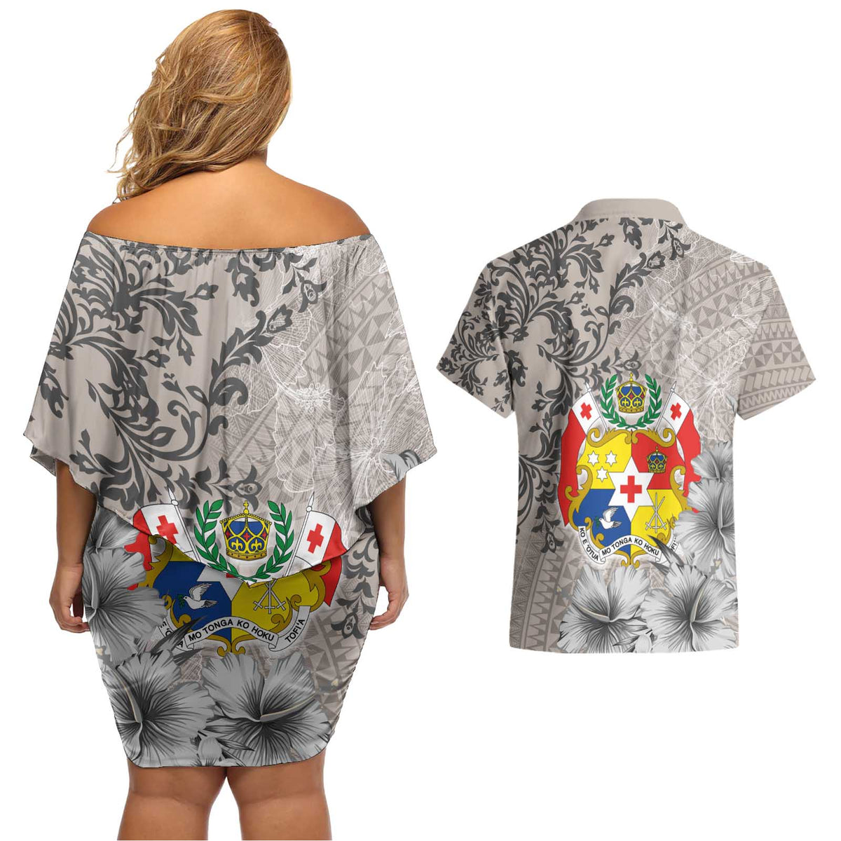 Tonga Culture Couples Matching Off Shoulder Short Dress and Hawaiian Shirt Ngatu Pattern and Blooming Hibiscus LT03 - Polynesian Pride