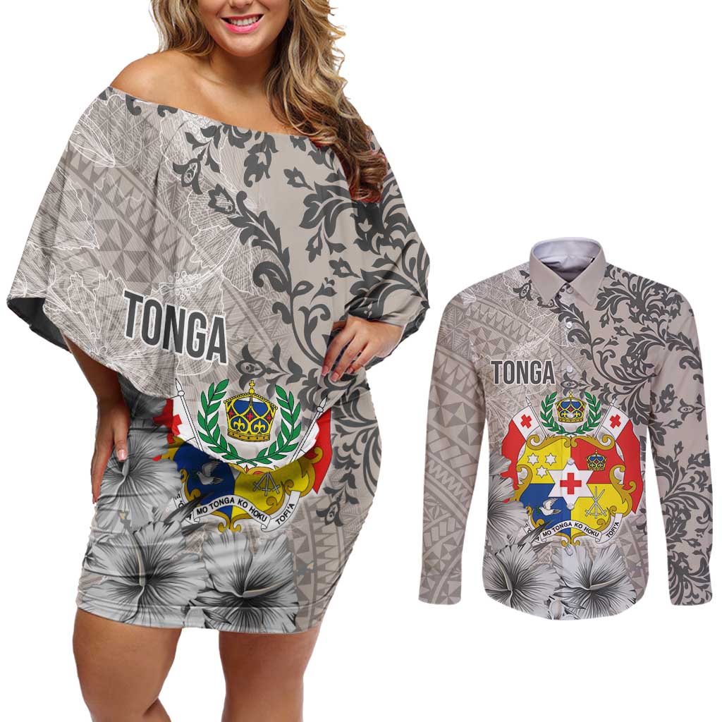 Tonga Culture Couples Matching Off Shoulder Short Dress and Long Sleeve Button Shirt Ngatu Pattern and Blooming Hibiscus LT03 Light Gray - Polynesian Pride