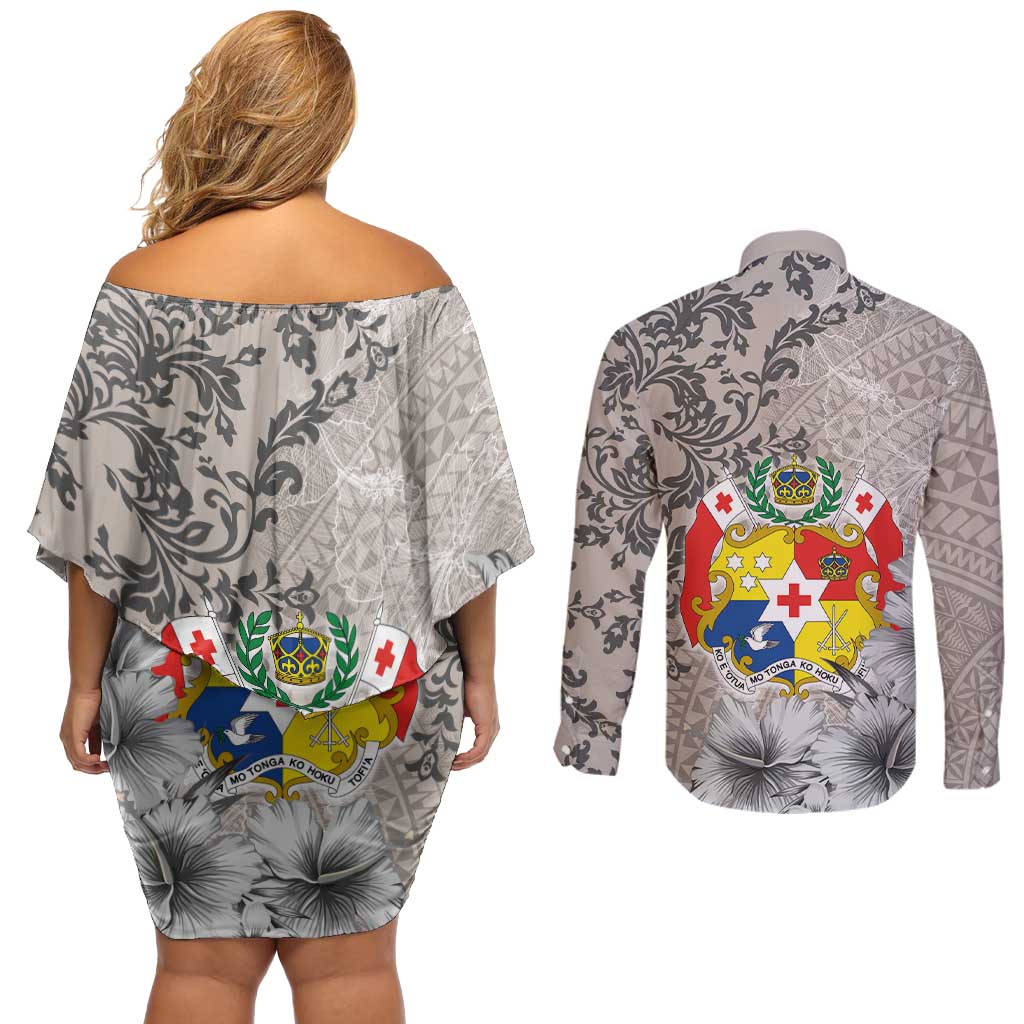 Tonga Culture Couples Matching Off Shoulder Short Dress and Long Sleeve Button Shirt Ngatu Pattern and Blooming Hibiscus LT03 - Polynesian Pride