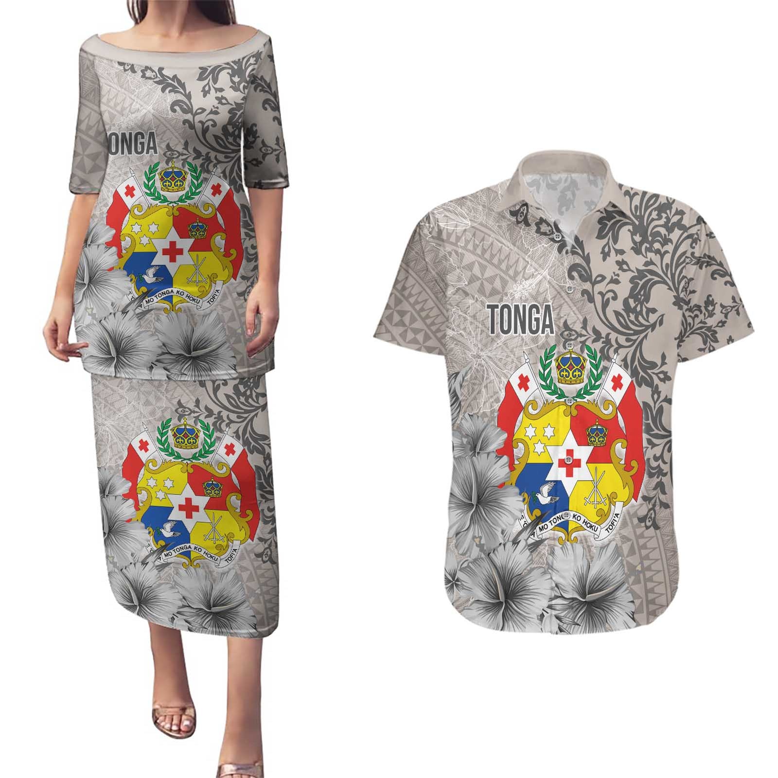 Tonga Culture Couples Matching Puletasi and Hawaiian Shirt Ngatu Pattern and Blooming Hibiscus LT03 Light Gray - Polynesian Pride