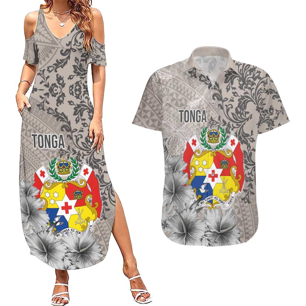 Tonga Culture Couples Matching Summer Maxi Dress and Hawaiian Shirt Ngatu Pattern and Blooming Hibiscus LT03 Light Gray - Polynesian Pride