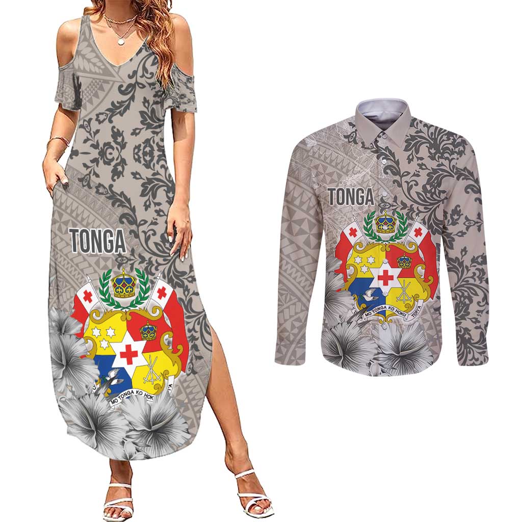 Tonga Culture Couples Matching Summer Maxi Dress and Long Sleeve Button Shirt Ngatu Pattern and Blooming Hibiscus LT03 Light Gray - Polynesian Pride