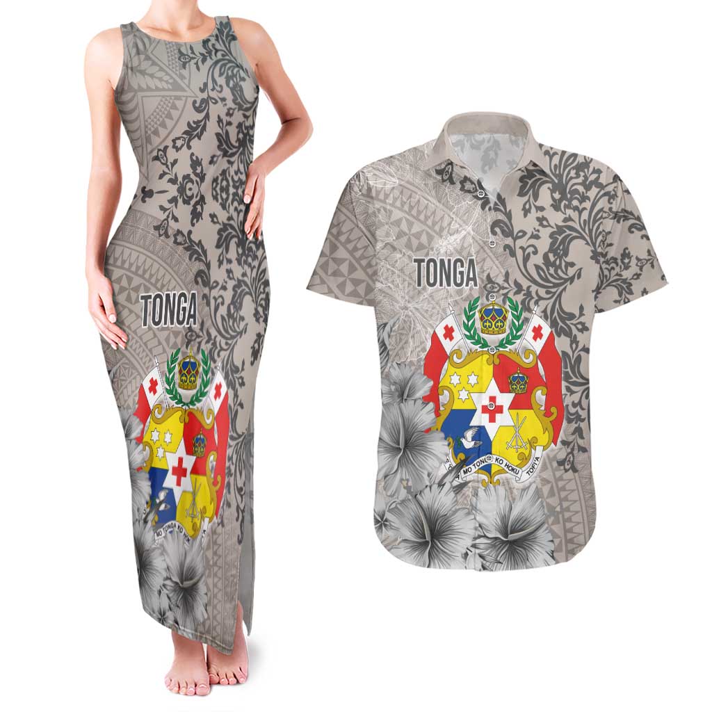 Tonga Culture Couples Matching Tank Maxi Dress and Hawaiian Shirt Ngatu Pattern and Blooming Hibiscus LT03 Light Gray - Polynesian Pride