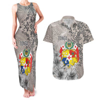 Tonga Culture Couples Matching Tank Maxi Dress and Hawaiian Shirt Ngatu Pattern and Blooming Hibiscus LT03 Light Gray - Polynesian Pride