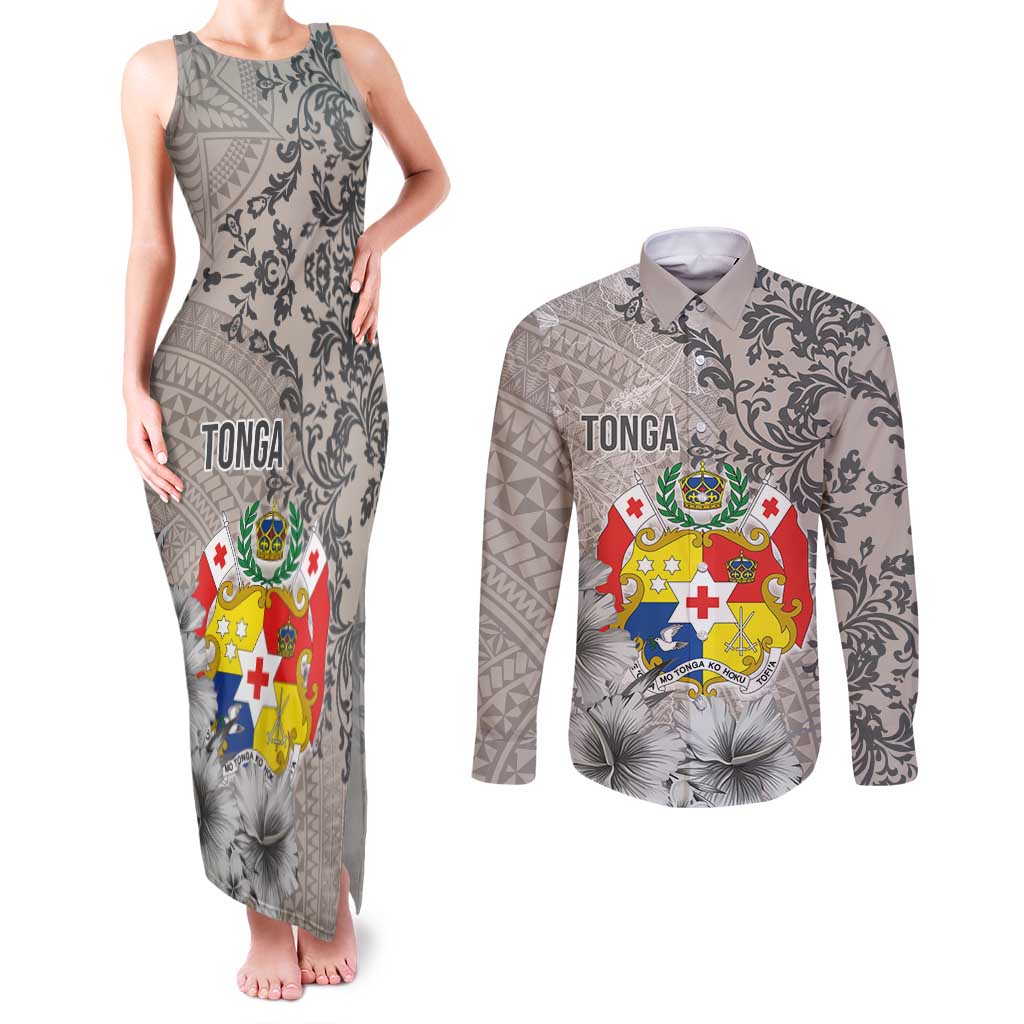 Tonga Culture Couples Matching Tank Maxi Dress and Long Sleeve Button Shirt Ngatu Pattern and Blooming Hibiscus LT03 Light Gray - Polynesian Pride