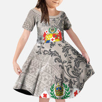 Tonga Culture Family Matching Mermaid Dress and Hawaiian Shirt Ngatu Pattern and Blooming Hibiscus LT03 Daughter's Dress Light Gray - Polynesian Pride
