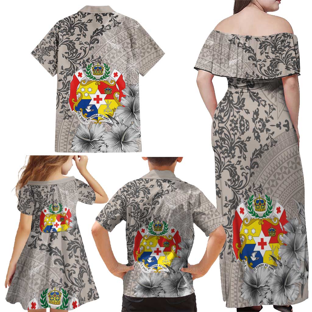 Tonga Culture Family Matching Off Shoulder Maxi Dress and Hawaiian Shirt Ngatu Pattern and Blooming Hibiscus
