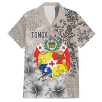 Tonga Culture Family Matching Off Shoulder Short Dress and Hawaiian Shirt Ngatu Pattern and Blooming Hibiscus LT03 Dad's Shirt - Short Sleeve Light Gray - Polynesian Pride