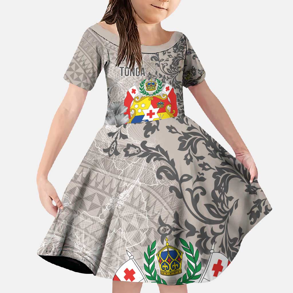 Tonga Culture Family Matching Tank Maxi Dress and Hawaiian Shirt Ngatu Pattern and Blooming Hibiscus LT03 Daughter's Dress Light Gray - Polynesian Pride
