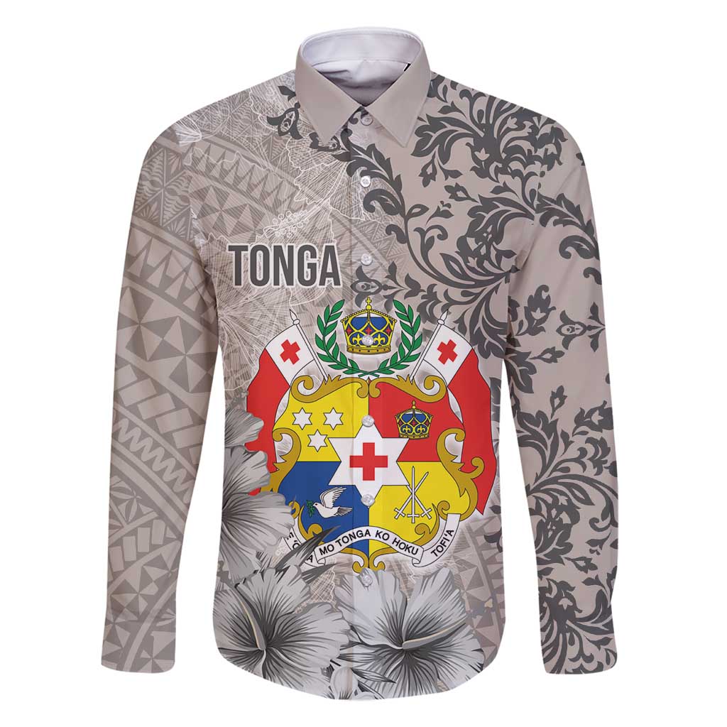 Tonga Culture Family Matching Tank Maxi Dress and Hawaiian Shirt Ngatu Pattern and Blooming Hibiscus LT03 Dad's Shirt - Long Sleeve Light Gray - Polynesian Pride