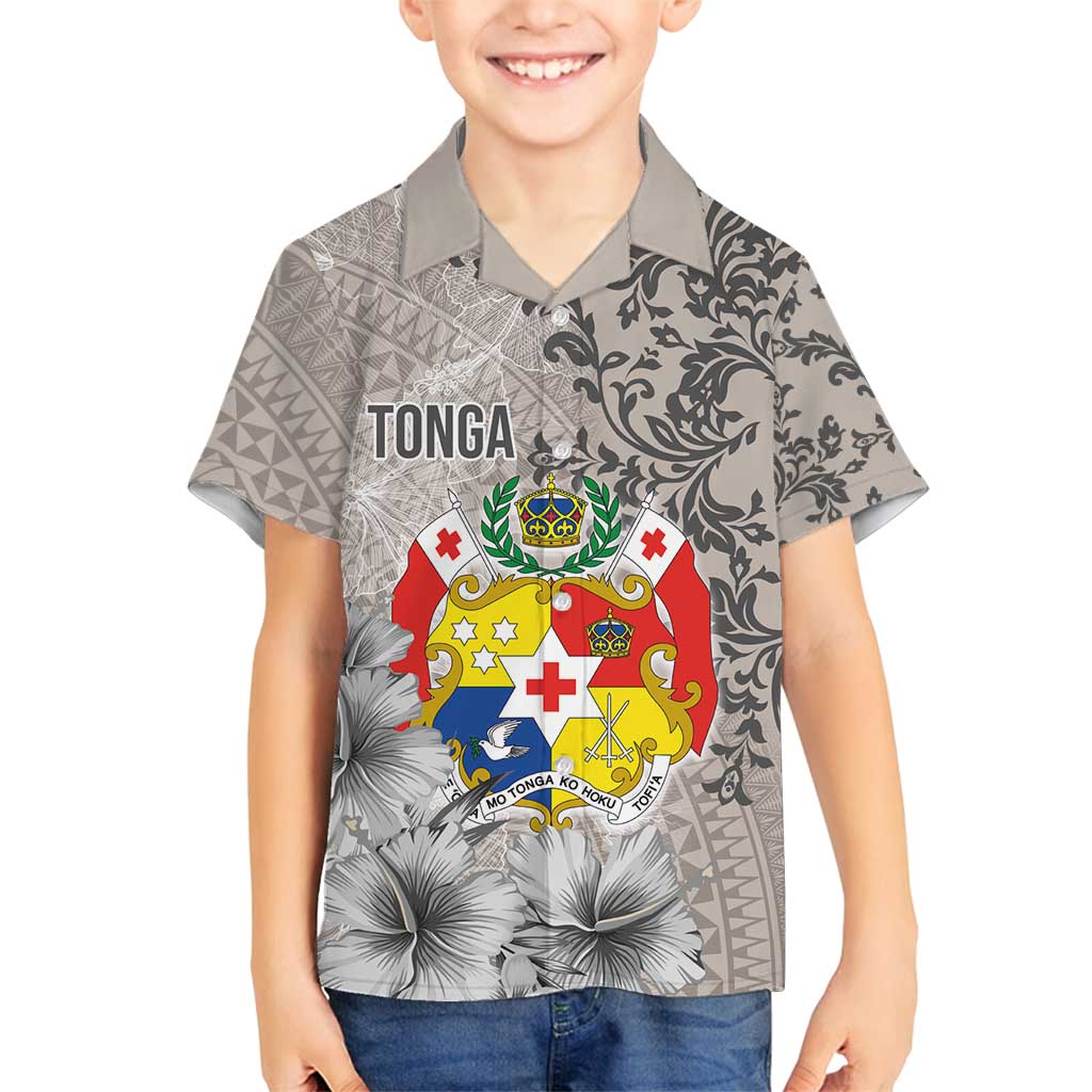 Tonga Culture Family Matching Tank Maxi Dress and Hawaiian Shirt Ngatu Pattern and Blooming Hibiscus LT03 Son's Shirt Light Gray - Polynesian Pride