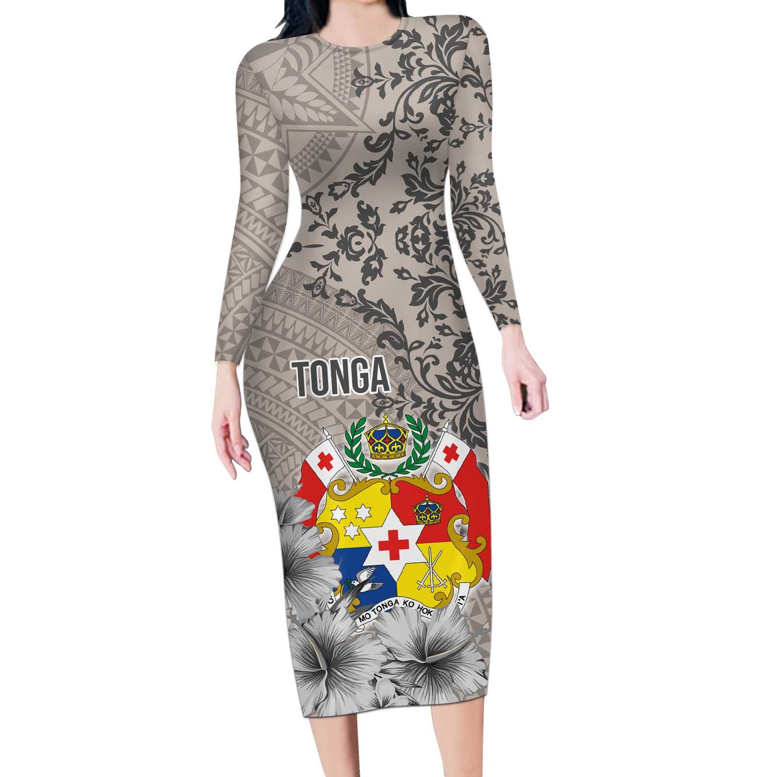 Tonga Culture Long Sleeve Bodycon Dress Ngatu Pattern and Blooming Hibiscus LT03 Long Dress Light Gray - Polynesian Pride