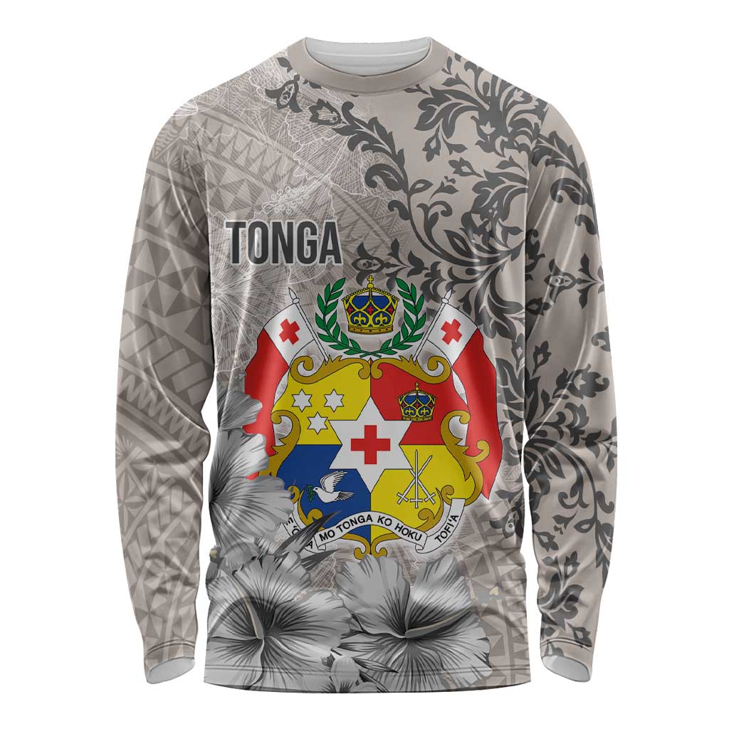 Tonga Culture Long Sleeve Shirt Ngatu Pattern and Blooming Hibiscus LT03 Unisex Light Gray - Polynesian Pride