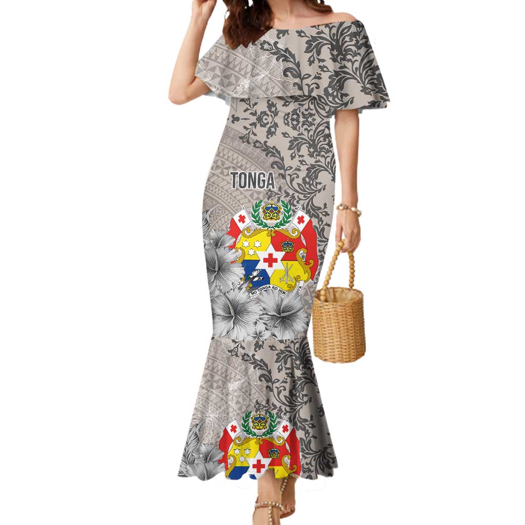 Tonga Culture Mermaid Dress Ngatu Pattern and Blooming Hibiscus LT03 Women Light Gray - Polynesian Pride