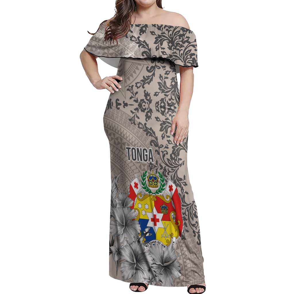 Tonga Culture Off Shoulder Maxi Dress Ngatu Pattern and Blooming Hibiscus LT03 Women Light Gray - Polynesian Pride