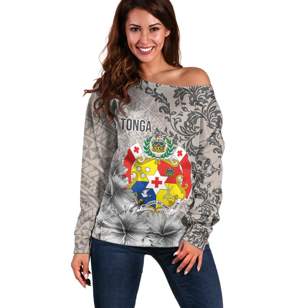 Tonga Culture Off Shoulder Sweater Ngatu Pattern and Blooming Hibiscus LT03 Women Light Gray - Polynesian Pride