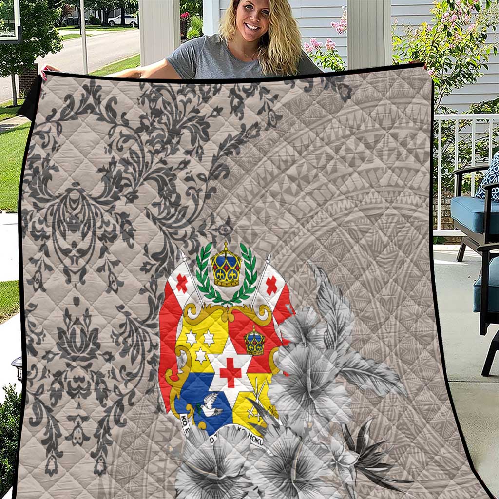 Tonga Culture Quilt Ngatu Pattern and Blooming Hibiscus LT03 Light Gray - Polynesian Pride