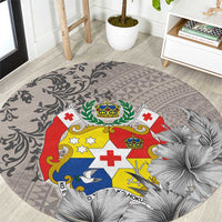 Tonga Culture Round Carpet Ngatu Pattern and Blooming Hibiscus LT03 Light Gray - Polynesian Pride
