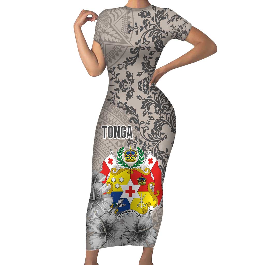 Tonga Culture Short Sleeve Bodycon Dress Ngatu Pattern and Blooming Hibiscus LT03 Long Dress Light Gray - Polynesian Pride