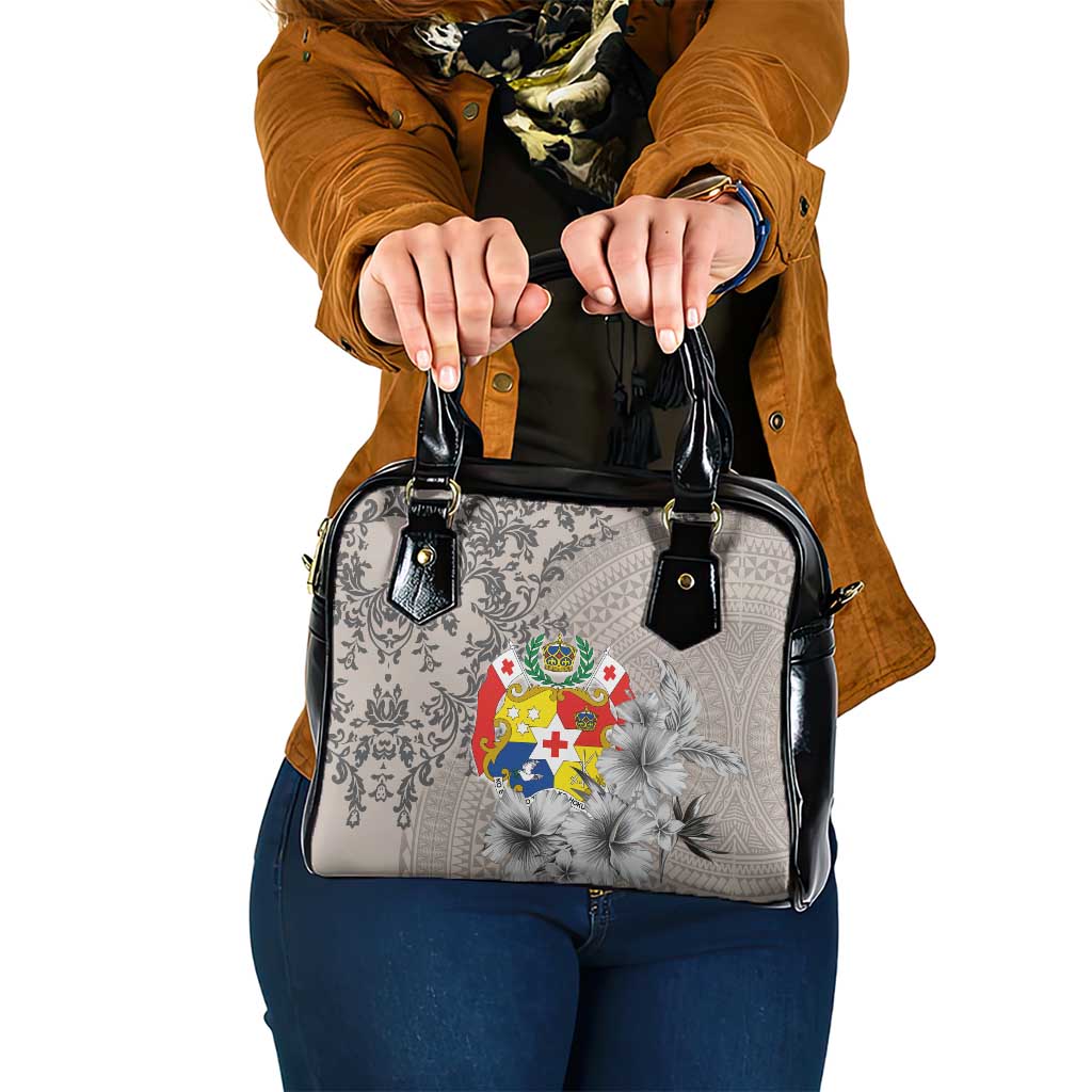 Tonga Culture Shoulder Handbag Ngatu Pattern and Blooming Hibiscus LT03 One Size Light Gray - Polynesian Pride