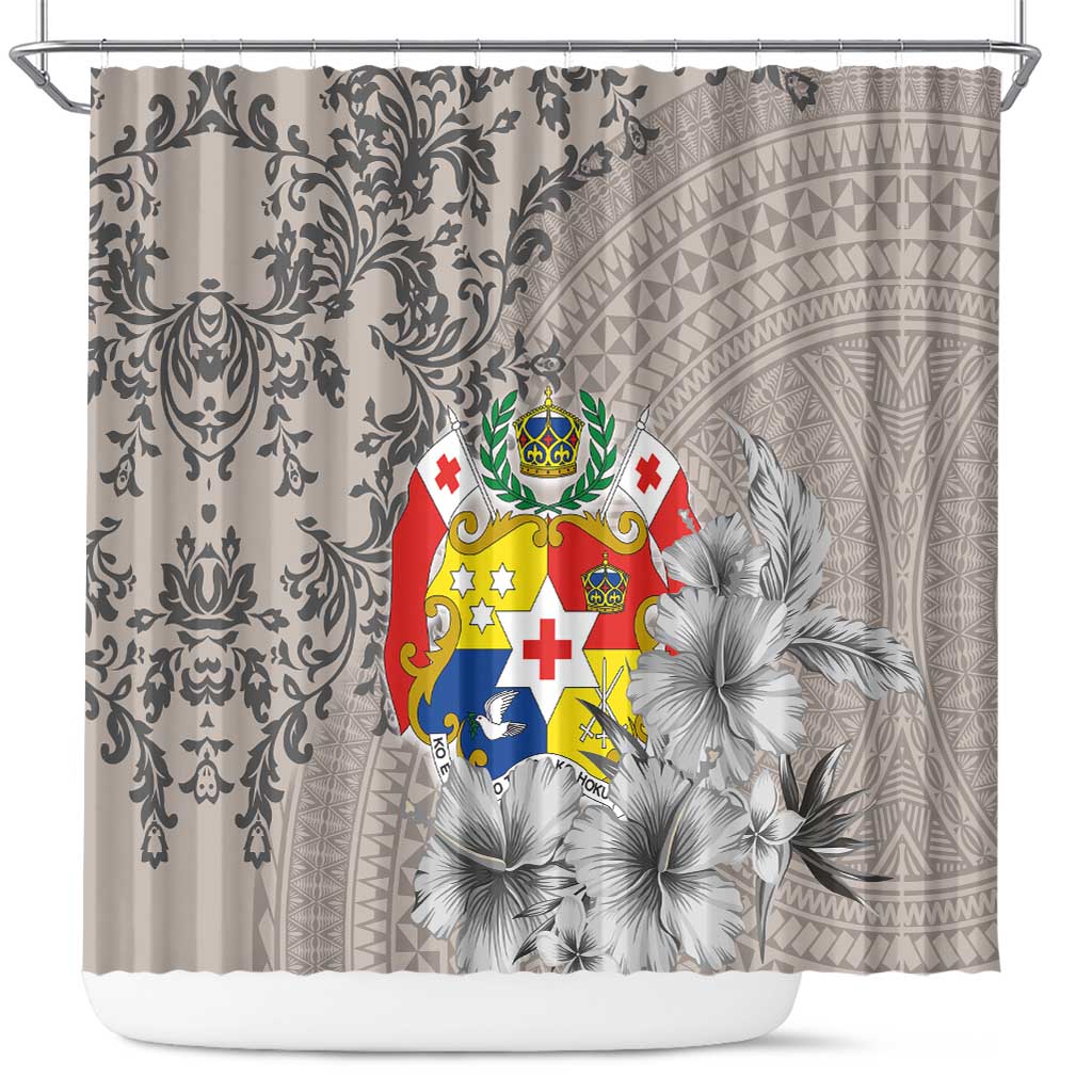 Tonga Culture Shower Curtain Ngatu Pattern and Blooming Hibiscus LT03 Light Gray - Polynesian Pride