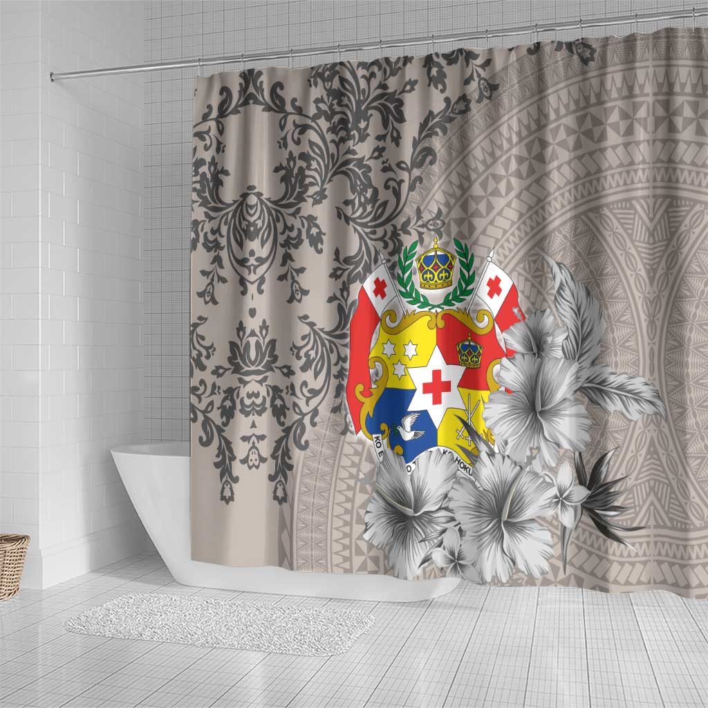 Tonga Culture Shower Curtain Ngatu Pattern and Blooming Hibiscus