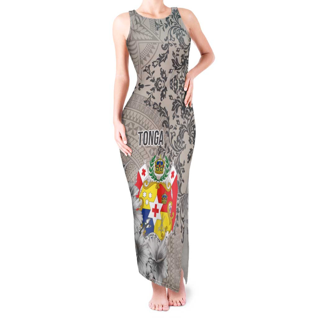 Tonga Culture Tank Maxi Dress Ngatu Pattern and Blooming Hibiscus LT03 Women Light Gray - Polynesian Pride