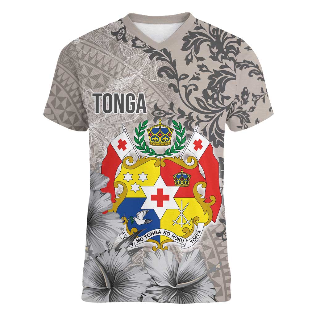 Tonga Culture Women V-Neck T-Shirt Ngatu Pattern and Blooming Hibiscus LT03 Female Light Gray - Polynesian Pride