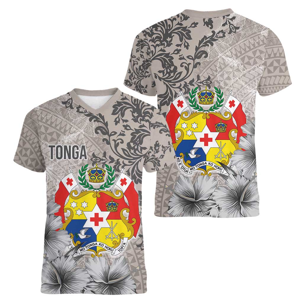 Tonga Culture Women V-Neck T-Shirt Ngatu Pattern and Blooming Hibiscus LT03 - Polynesian Pride
