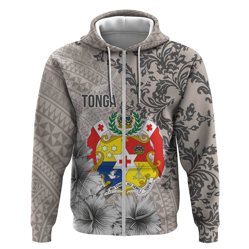 Tonga Culture Zip Hoodie Ngatu Pattern and Blooming Hibiscus LT03 Zip Hoodie Light Gray - Polynesian Pride