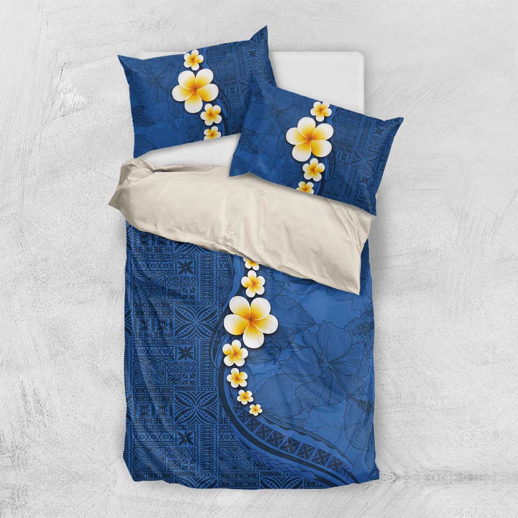 Polynesian Hibiscus and Plumeria with Tapa Pattern Bedding Set Blue Color LT03 US Twin 172cm x 218cm Blue - Polynesian Pride