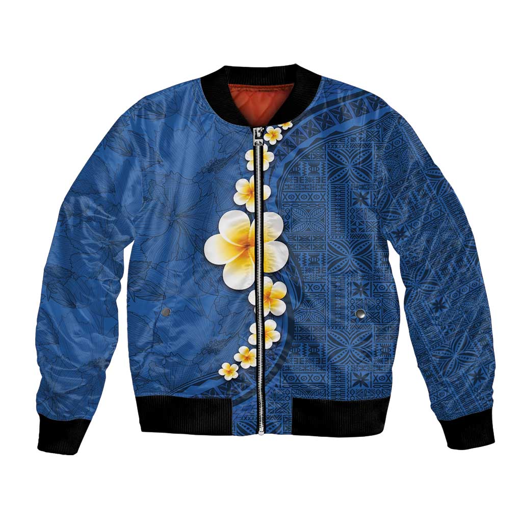 Polynesian Hibiscus and Plumeria with Tapa Pattern Bomber Jacket Blue Color LT03 Unisex Blue - Polynesian Pride