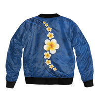 Polynesian Hibiscus and Plumeria with Tapa Pattern Bomber Jacket Blue Color