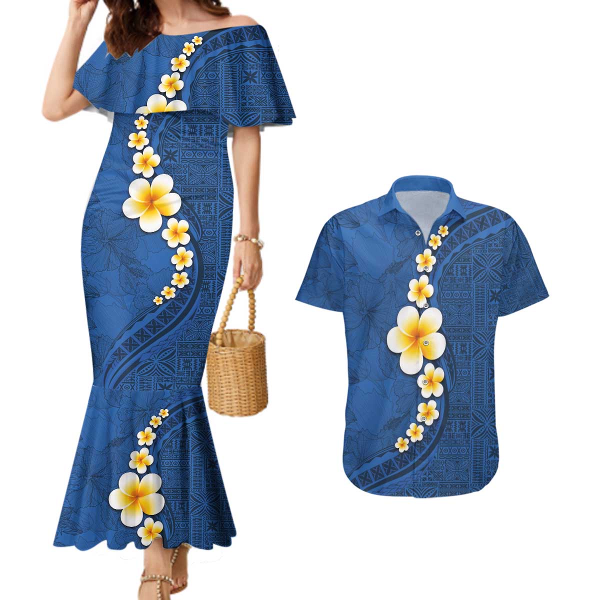 Polynesian Hibiscus and Plumeria with Tapa Pattern Couples Matching Mermaid Dress and Hawaiian Shirt Blue Color LT03 Blue - Polynesian Pride