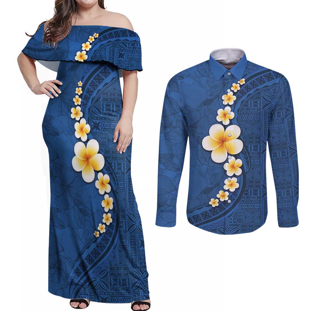 Polynesian Hibiscus and Plumeria with Tapa Pattern Couples Matching Off Shoulder Maxi Dress and Long Sleeve Button Shirt Blue Color