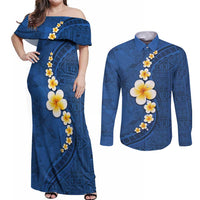 Polynesian Hibiscus and Plumeria with Tapa Pattern Couples Matching Off Shoulder Maxi Dress and Long Sleeve Button Shirt Blue Color