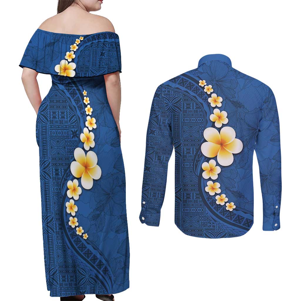 Polynesian Hibiscus and Plumeria with Tapa Pattern Couples Matching Off Shoulder Maxi Dress and Long Sleeve Button Shirt Blue Color