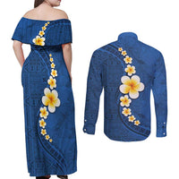 Polynesian Hibiscus and Plumeria with Tapa Pattern Couples Matching Off Shoulder Maxi Dress and Long Sleeve Button Shirt Blue Color