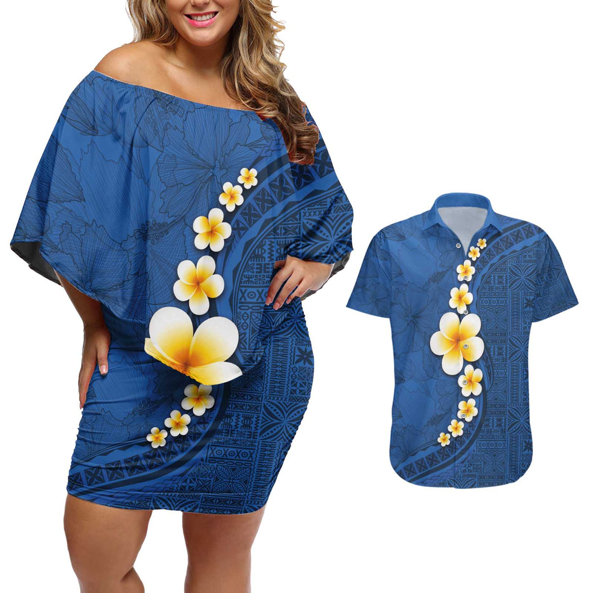 Polynesian Hibiscus and Plumeria with Tapa Pattern Couples Matching Off Shoulder Short Dress and Hawaiian Shirt Blue Color