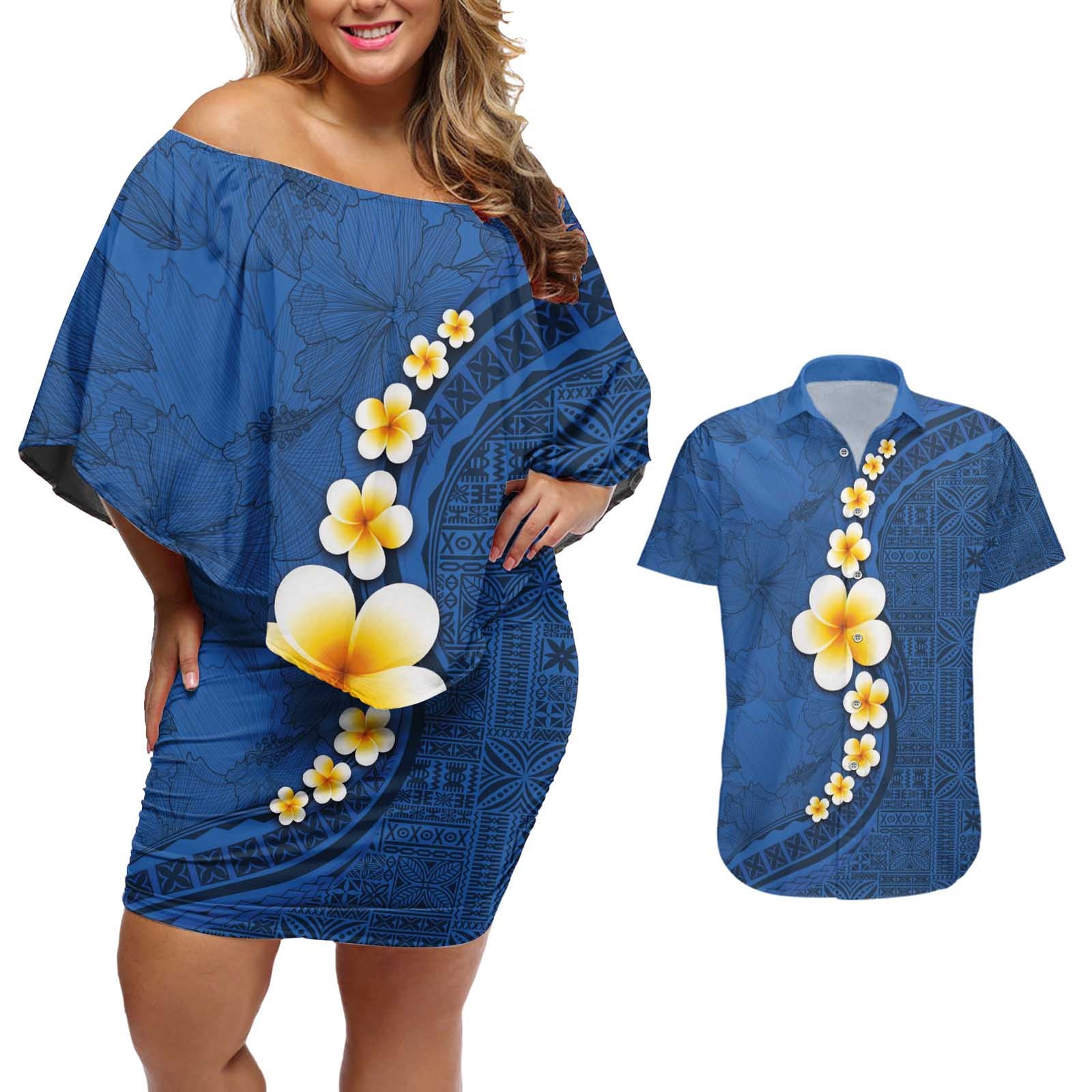 Polynesian Hibiscus and Plumeria with Tapa Pattern Couples Matching Off Shoulder Short Dress and Hawaiian Shirt Blue Color LT03 Blue - Polynesian Pride