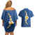 Polynesian Hibiscus and Plumeria with Tapa Pattern Couples Matching Off Shoulder Short Dress and Hawaiian Shirt Blue Color