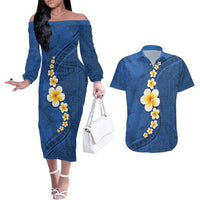 Polynesian Hibiscus and Plumeria with Tapa Pattern Couples Matching Off The Shoulder Long Sleeve Dress and Hawaiian Shirt Blue Color