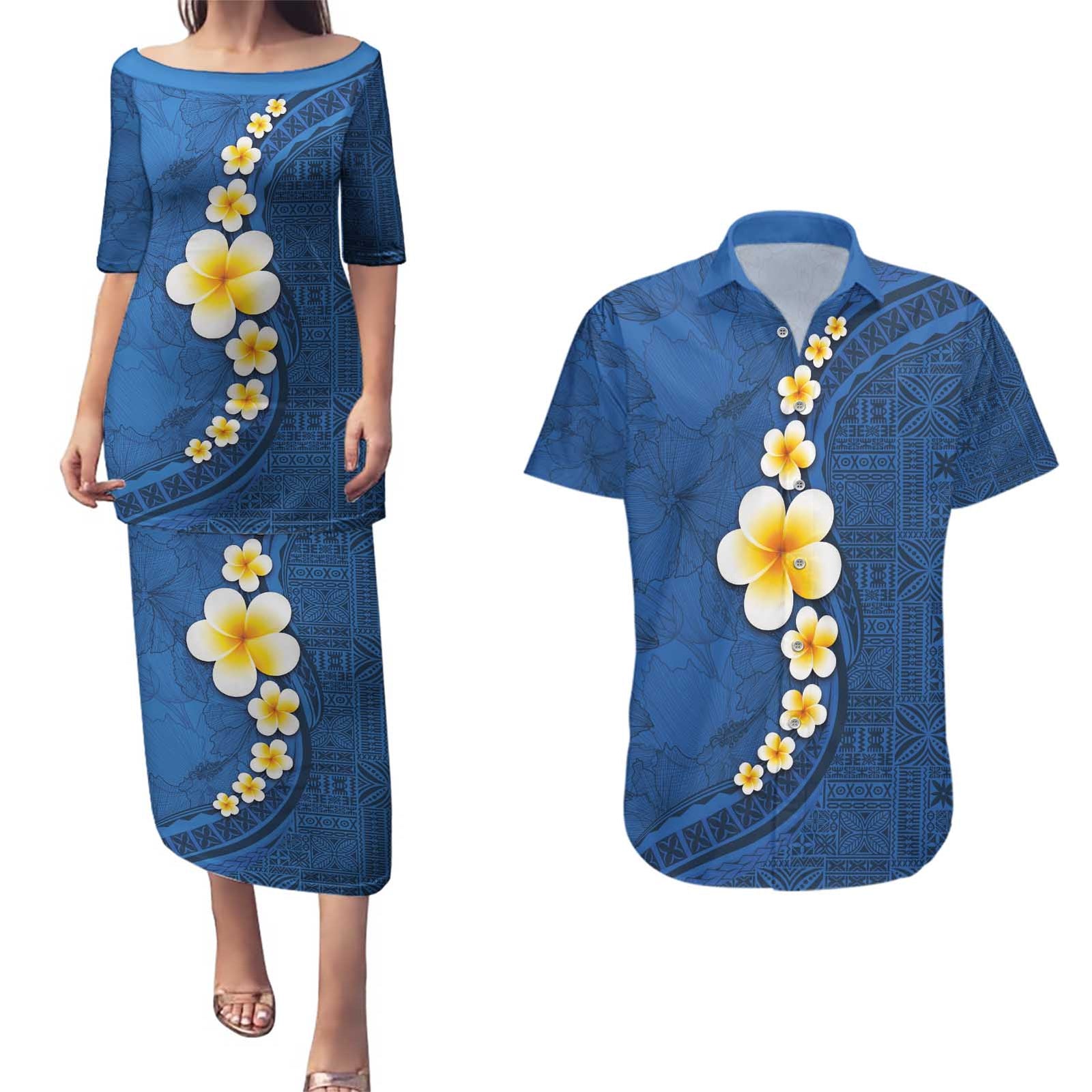 Polynesian Hibiscus and Plumeria with Tapa Pattern Couples Matching Puletasi and Hawaiian Shirt Blue Color LT03 Blue - Polynesian Pride