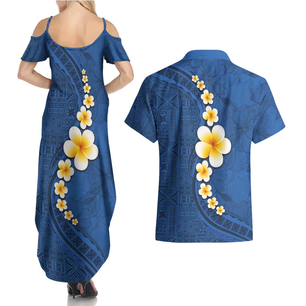 Polynesian Hibiscus and Plumeria with Tapa Pattern Couples Matching Summer Maxi Dress and Hawaiian Shirt Blue Color