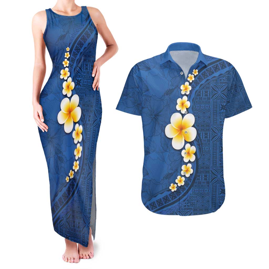 Polynesian Hibiscus and Plumeria with Tapa Pattern Couples Matching Tank Maxi Dress and Hawaiian Shirt Blue Color